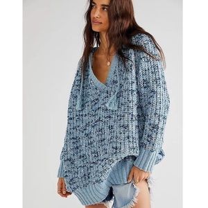 Free People Never Leaving Blue Marled Chunky Slouchy Drawstring Hoodie Pullover